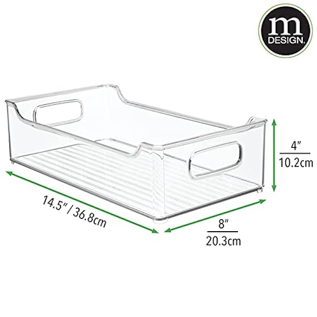 mDesign Wide Plastic Kitchen Storage Container Bins with Handles -Organization in Pantry, Cabinet, Refrigerator or Freezer Shelves - Food Organizer for Fruit, Yogurt, Squeeze Pouches - 4 Pack - Clear
