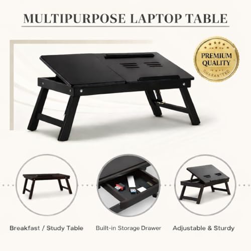 Image of Wooden Laptop Table Standard Adjustable Study Table with Laptop, Portable Lap Desk, Multifunctional Bed Table with Drawer and Folding Legs (Black)