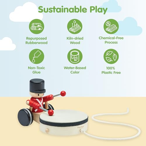 Image of PlanToys Wooden Pull Along Drummer | Musical Toy that Encourages Rhythm, Coordination & Focus | Montessori Eco-Friendly Educational Toy for Active & Imaginative Play