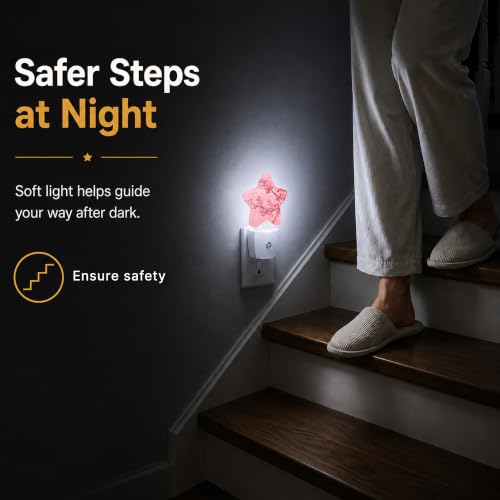 Image of Star Night Light with Dusk to Dawn Sensor, Cherry Blossoms Plug in Night Light for Kids Bedroom Nursery, Soft Warm Glow Lamp for Hallway Bathroom Energy Saving