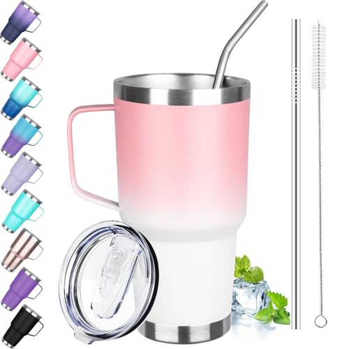 Image of 30 oz Tumbler with Handle, Stainless Steel Insulated Tumbler with Lid and Straw, Double Wall Vacuum Insulated Coffee Mug Tumbler, Insulated Coffee Thermal Cup for Cold and Hot (Pink White)