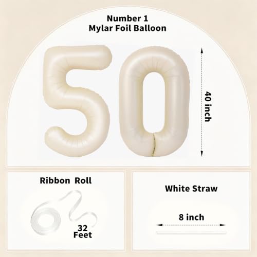 Image of Number Balloons for Birthday Decorations - 40 Inch Large Party Balloons 50, Cream Foil Number Balloons for Boys Girls, Balloons for Party Supplies