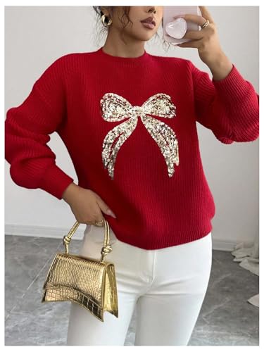 Image of RoseSeek Women's 3D Floral Appliques Crewneck Sweaters Long Sleeve Drop Shoulder Pullovers Elegant Knit Tops