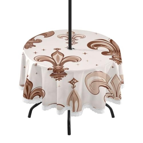 Wajiw 60 Inch Indoor Outdoor Round Tablecloth with Umbrella Hole and Zipper Waterproof Patio Table Cover for Camping Dining Room Party Outdoor Picnic,Crown