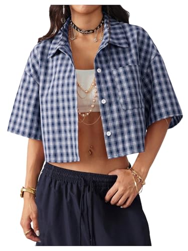 トップス BELVET Cropped checkered shirt Navy 41wE2eb7UYL.jpg