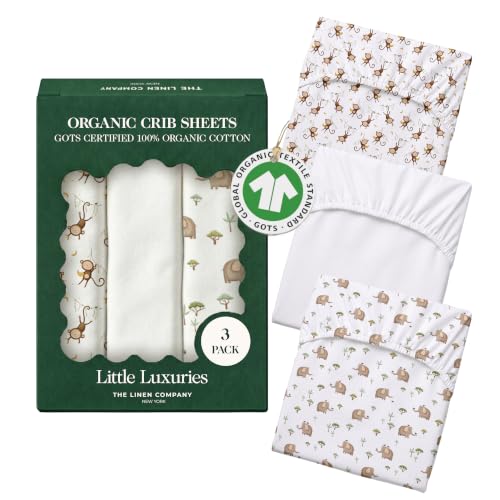 Image of 100% Organic Cotton Baby Crib Sheets (3-Pack) - GOTS Certified, Soft Fitted Sheets for Mini Mattress & Pack n Play, 5 in Deep Pocket with Secure Elastic Fit, Boys & Girls, (28 inch x 55 inch) Safari