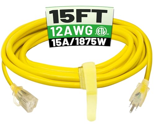 POWGRN 15 ft 12/3 Outdoor Extension Cord Waterproof Heavy Duty with Lighted Indicator End 12 Gauge...