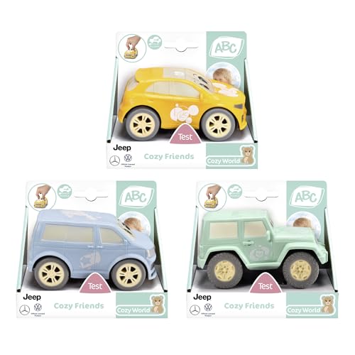 Dickie Toys ABC - Cozy Friends Auto (11 cm) - Aufziehauto ab 1 Jahr mit Rückzug und weichem Material zum Quetschen, Spielzeug für Babys und Kinder ab 12 Monate, 3-Fach Sortiert, zufällige Auswahl