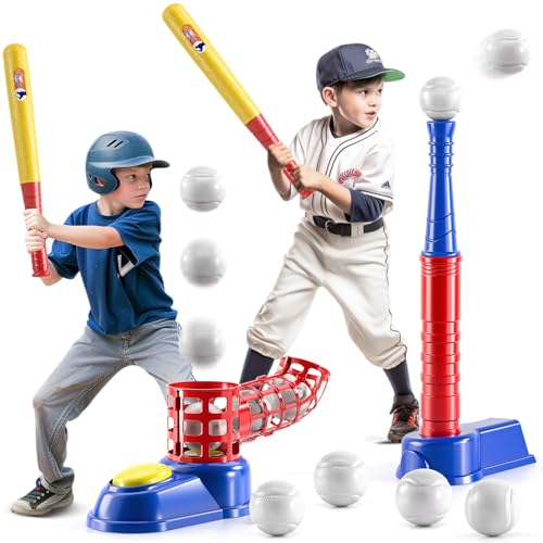 NIPLOOOW 2 in 1 T Ball Sets for Kids 3-5,Tee Ball Set with 10 Balls,Step on Pitching Machine,Teeball Batting Tee,Baseball Toys Outdoor/Indoor Sport Toys Gift for 3 4 5 6 7 8 Year Old Kids Boys Girls