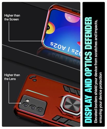 Image of WOW IMAGINE Shock Proof Back Case Mobile Cover for Samsung Galaxy M02s | F02s | A02s | Back Cover Case (Tough Armor | Hybrid PC + TPU | Ring Holder & in-Built Kickstand | Red)