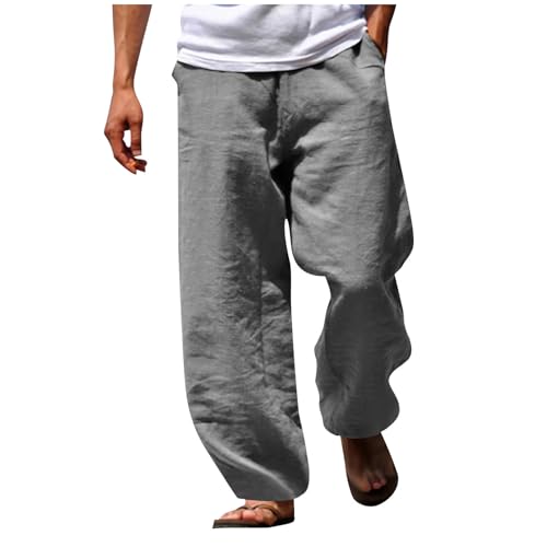 Mens Cotton Linen Pants Wide Leg Elastic Waist Casual Pants Comfy Loose Lightweight Trousers with Pockets