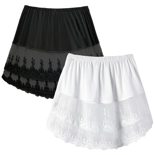 OBBUE Women's 2 Pcs Mini Adjustable Lace Shirt Extender Removable Layering Half Length Underskirt with Buttons Black and White X-Large