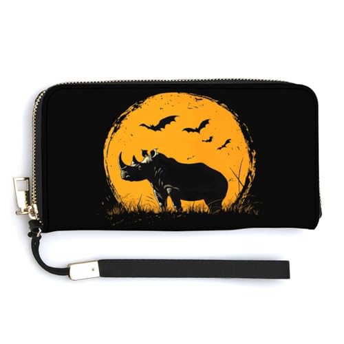 Vintage Rhinoceros Rhino Bats Moon Clutch Wallet Wristlet Long Handbag PU Leather with Card Slots Cash Coin Pocket for Women Men