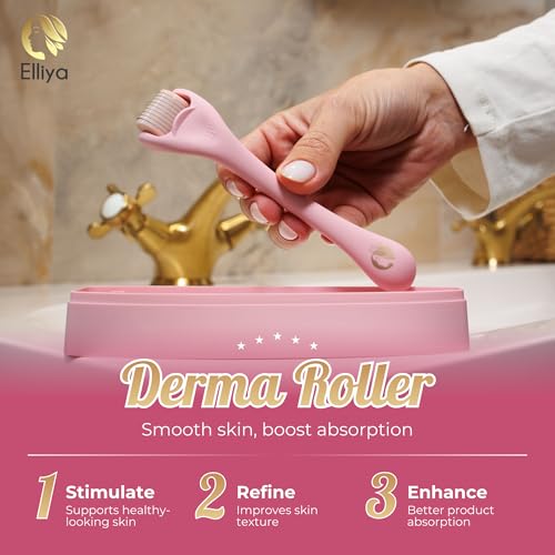 Elliya Rosa Derma Roller mit 0,25 mm Titan-Nadeln - Gesichtspflege- und Hautpflegewerkzeug mit Etui - Microneedling-Roller für glatte Haut - Hautpflegeroutine für Zuhause – Bild 3