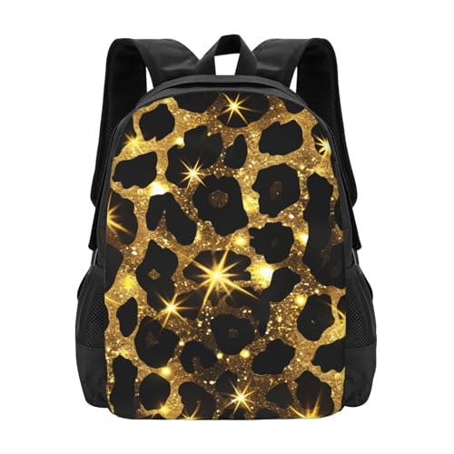 Gold Black Glitter Leopard Print Backpack Large Capacity Backpacks Leisure Travel Daypack 12.5X5.5X16.5 inch