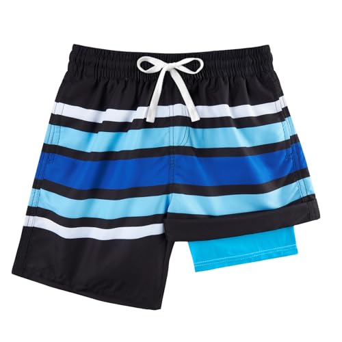 Belovecol Boys Black Swim Trunks with Boxer Brief Liner Teen Elastic Waist Bathing Suits Anti Chafe No Mesh Liner Swimming Shorts Swimwear Size 14-16