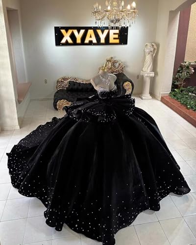 XYAYE Sparkly Velvet Quinceanera Dresses with Bow Strapless Crystal Sweet 16 Dress Puffy Layered Ball Gown2
