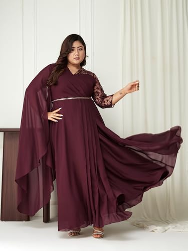 Image of Miss Chase A+ Women's Floral Printed Relaxed Fit V -Neck 3 /4Th Sleeve Georgette Maxi Dress