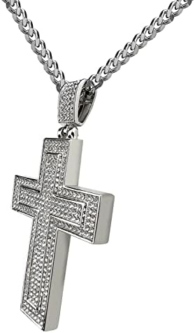 ORENTINI 3.5mm Cuban Link Chain with Round Diamond CZ Iced Out 3" Cross Pendant Necklace for Men, Woman. 28 Inch Length Lobster Clasp (925 Sterling Silver Plated)