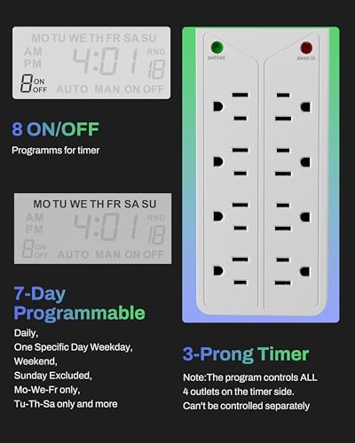 Image of BN-LINK 8 Outlet Surge Protector with 7-Day Digital Timer (4 Outlets Timed, 4 Outlets Always On) - White (Pack of 2)