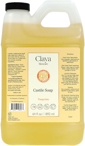 Claya Liquid Castile Soap – Organic Ingredients, Biodegradable, Gentle for Sensitive Skin and Versatile Use (64 fl oz, Tangerine)
