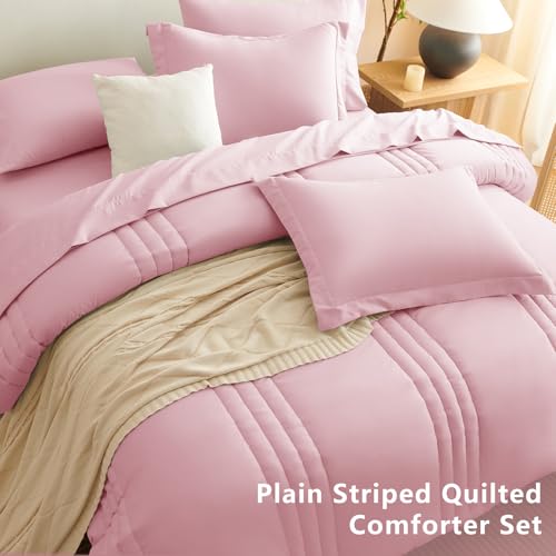 Image of CozyLux King Size Comforter Set Pink - 7 Pieces Bed in a Bag, Modern Vertical Quilted Room Decor, Soft All-Season Bedding Gift with Comforter, Sheets, Pillowcases & Shams