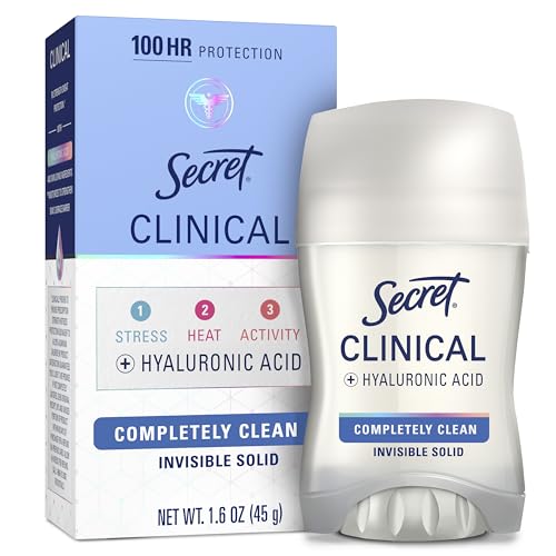 Secret Clinical Strength Antiperspirant Deodorant for Women, 100hr Sweat & Odor Protection, 3X Stress Protection with Hyaluronic Acid, PH Balancing, Invisible Solid, Completely Clean Scent, 1.6 oz