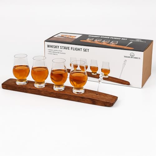 The Wee Glencairn Whiskey Flight Stave - Crystal Bourbon Glass Kit with Reclaimed Oak Barrel Stave Serving Tray, Mini Glen Cairn Whisky Glass Set of 4 & Whiskey Glass Pipettes Dropper