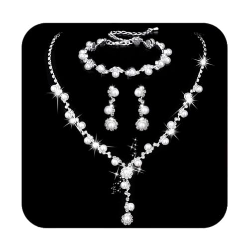 Unicra Silver Pearl Bridal Wedding Jewelry Set Rhinestone Necklace Earrings Bracelet Sets Formal Costume Jewelry for Women and Brides