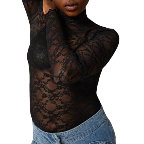 Faretumiya Women Long Sleeve Mesh Layering Top Mock Neck Floral