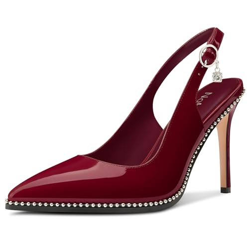 Image of NobleOnly Slingback Beaded Pumps for Women High Stiletto Heel Pointed Toe Slip-on Dress Sandals Adjustable Buckle Rhinestone Patent Leather 3.9 Inches Heels