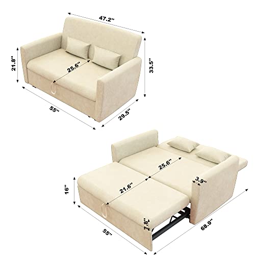 55" Convertible Sleeper Sofa Bed, Velvet Loveseat Sofa With Pull-Out Bed, Modern 2 Seater Couch Bed With Adjustable Backrest, Pull Out Lounge Chaise With 2 Pillows For Home Living Room Office (Beige) #TOP1