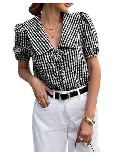 SweatyRocks Women's Lapel Collar Plaid Print Blouse Puff Sleeve Tie Front Button Down Shirts