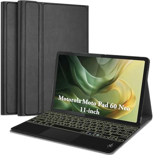 Image of HOM Tri-Fold 7-Colour Backlight Detachable Wireless Bluetooth Keyboard with Trackpad /Touchpad Tablet Cover Case for Motorola Moto Pad 60 Neo 11-inch 2025