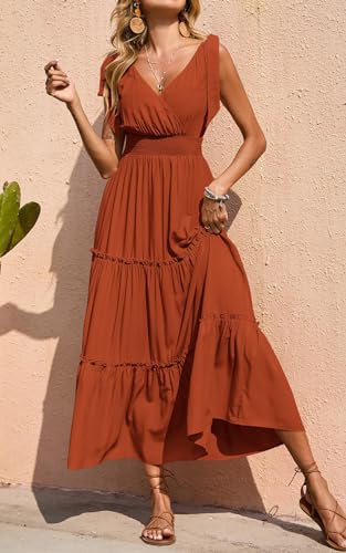 Image of PRETTYGARDEN Women's Cross Neck Summer Sleeveless Tiered Maxi Dress Beach Tie Strap Smocked Long Dresses Pleated Sundress