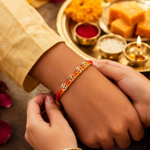 Image of Designer Rakhi with Crystal Embellishments, Gold Tone Beads, Red and Yellow Thread, Raksha Bandhan Gift