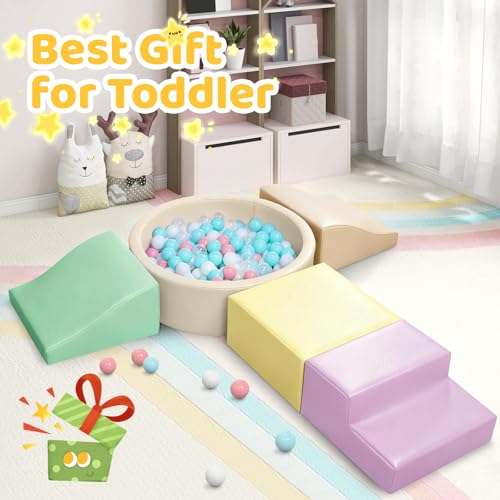 Image of Hoohtoot Foam Climbing Blocks for Toddler: with 4-Piece PU Leather Climbing Toys and a Ball Pit - Foam Ball Pit for Toddlers - Climbing Toys Indoor for Kids Crawling (Yellow Climbing Blocks)