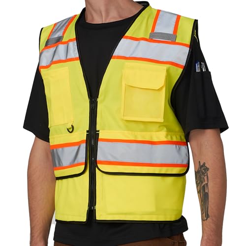 Image of High Vis Reflective Safety Vest for Men Women Zipper Ipad Pockets Mesh Construction Apparel Neon Vest for Work