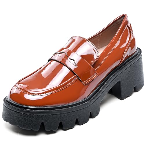 Image of Black Penny Loafers for Women - Women's Slip-On Platform Patent Leather Loafers, Chunky Comfort Shoes for Work & Dressy Occasions