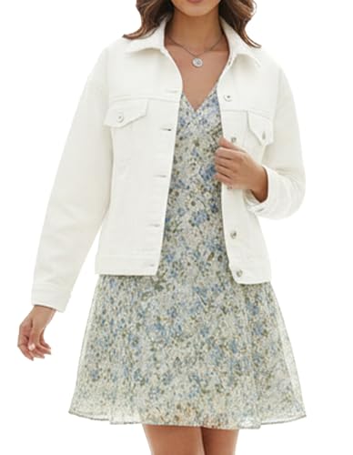 EG CHRIS G White Jean Jacket Loose Oversized Denim Jacket for Women Trendy Trucker Coats with Pockets (White denim jacket XS)