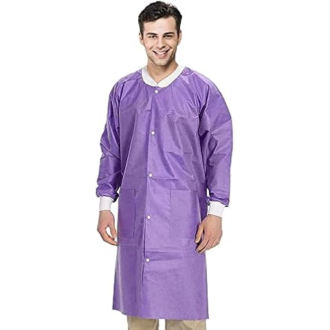 AMZ Medical Supply Disposable Lab Coats for Adults, Large. Pack of 50 Purple SMS Knee Length Lab Coat Disposable. 45 GSM Disposable Coats Medical. Painting Lab Coat with Cuffs, Knit Collar, 3 Pockets Cover