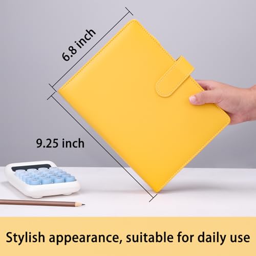 Image of Antner A5 Binder 6 Ring Refillable Notebook Planner Cover, PU Leather Aesthetic Small Binder Loose Leaf Photocard Holder Budget Planner for Cash Organizer with Magnetic Buckle, Lemon Yellow