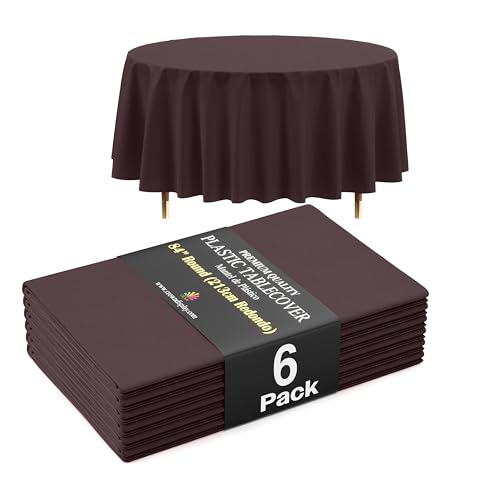 Image of Exquisite 66% Thicker Premium Brown Round Tablecloth 0.5 Mil 6 Pack Plastic Table Cloth Disposable 84 Inch Round Plastic Tablecloth Won't Tear Easily Like Cheap Thin Brands