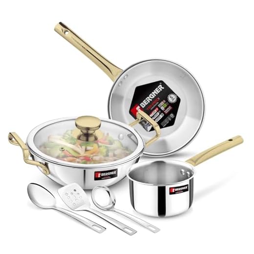 Bergner TriPro Triply Stainless Steel Induction Bottom 7 Pcs Cookware Set with PVD Coated Golden Handles, Kadai 22cm/2L with Glass Lid, Frypan 22cm, Saucepan 14cm/1.2L, Turner, Ladle, Serving Spoon