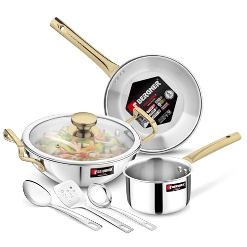 Image of Bergner TriPro Triply Stainless Steel Induction Bottom 7 Pcs Cookware Set with PVD Coated Golden Handles, Kadai 22cm /2L with Glass Lid, Frypan 22cm, Saucepan 14cm /1.2L, Turner, Ladle, Serving Spoon