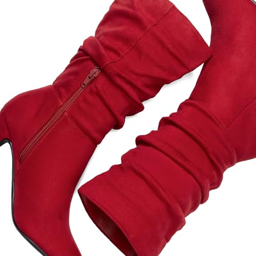 DREAM PAIRS Women's High Heel Mid Calf Boots Slouchy Pointed Toe Fall Boots,Size 8,Red/Suede,KIMLY