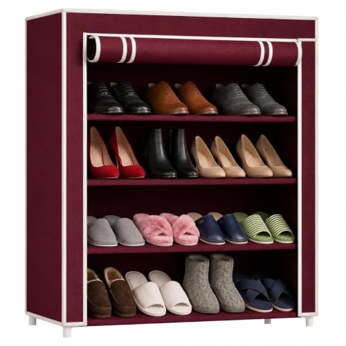 Image of 4 Layer Shoe Rack Plastic with Maroon Cover | Multipurpose Plastic Shoe Rack for Home | Space Saving Foldable Shoe Stand | Storage Rack for Home, Bedroom & Entryway