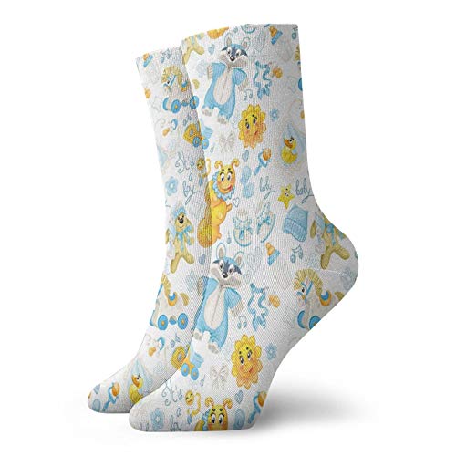 Fashion Compression Socks,Its A Boy Image With Happy Sun Raccoon In Pyjamas Blue Hats And Pacifier,Performance Polyester Cushioned Athletic Crew Socks for Running,Athletic, -12 inch