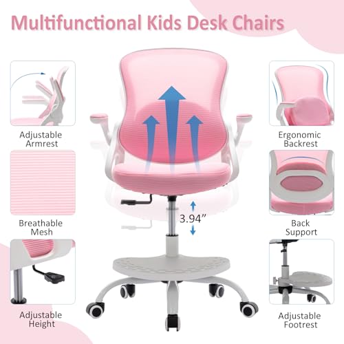 Image of Kids Desk Chair,Ergonomic Study Chair with Adjustable Height,Swivel Mesh Desk Chair with Wheels,Home Office Chair for Children in Home Bedroom Pink