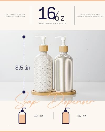 Getstar Hand and Dish Soap Dispenser Set, Ceramic Soap Dispenser for Bathroom and Kitchen with Rust Proof Pump and Tray, Set of 2 (White Pump)